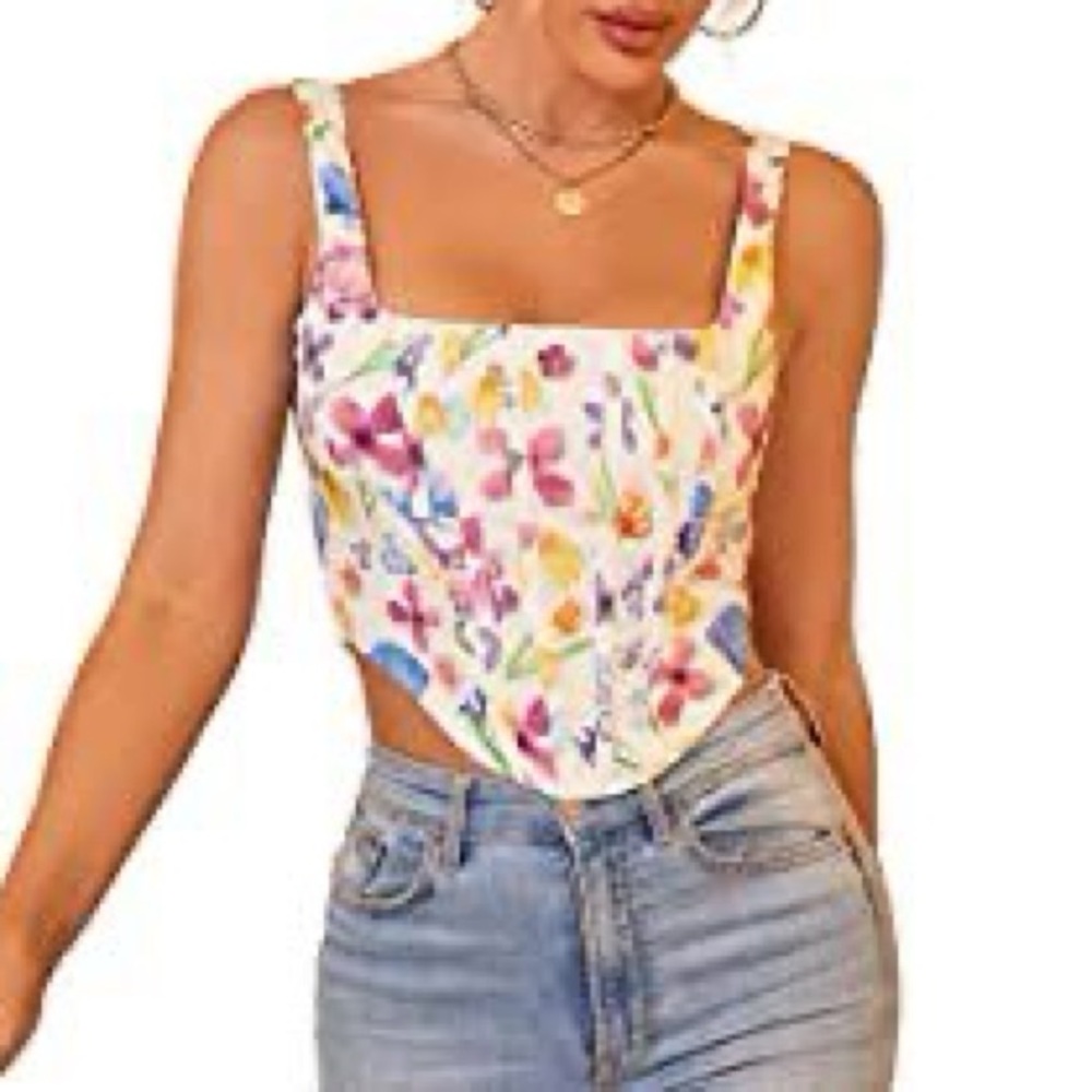 Floral Print Women's Asymmetrical Hem Boning Tank Top